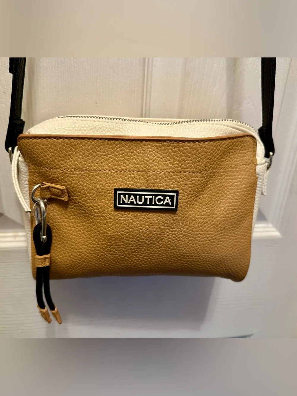 Nautica Two-Tone Tan and White Crossbody Bag with Black Strap
